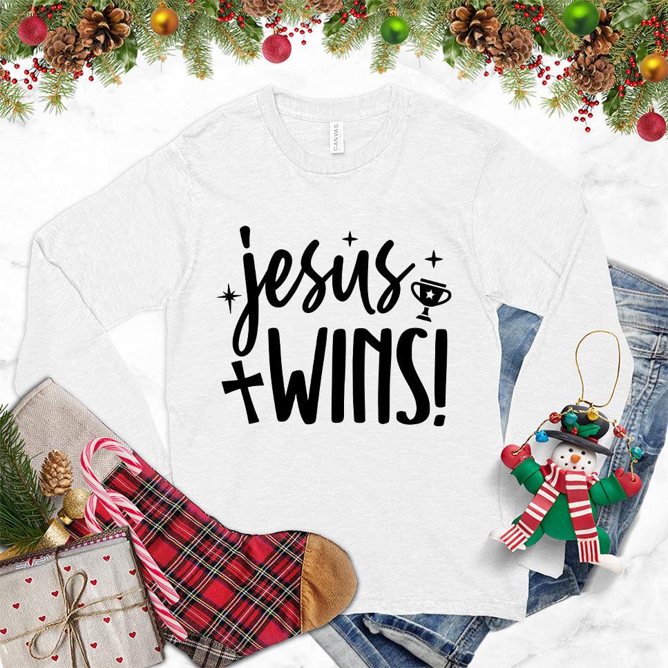 Jesus Wins Long Sleeves White - Inspirational long sleeve shirt with 'Jesus Wins' message in stylish typography