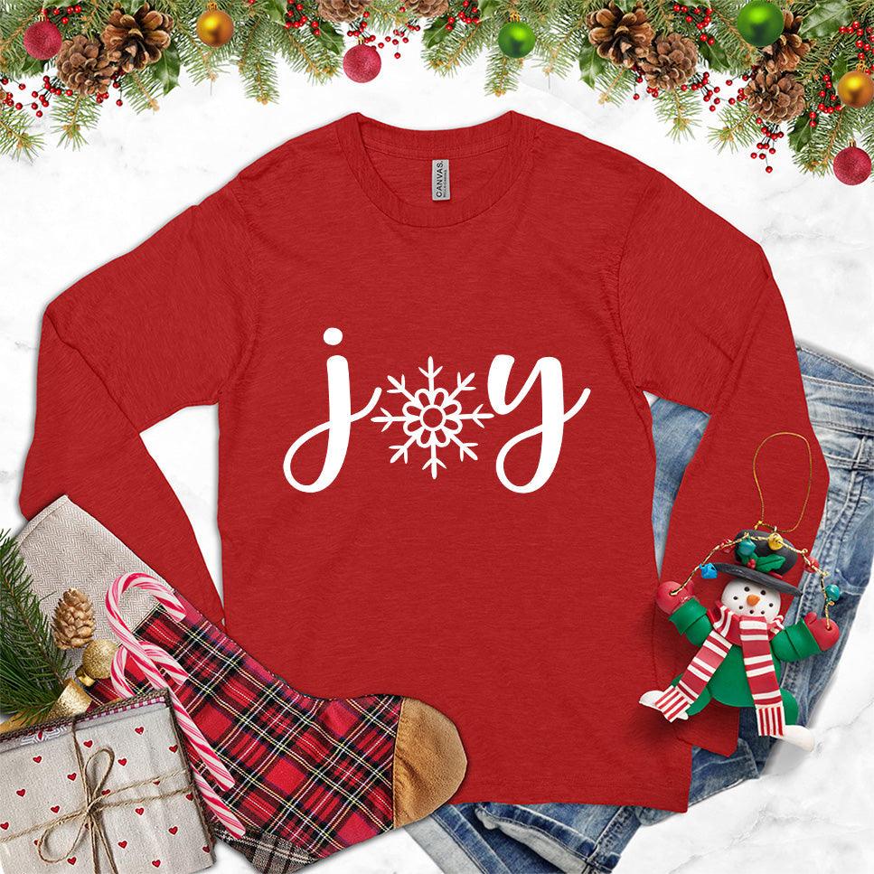 Joy Christmas Long Sleeves Red - Graphic long sleeve tee with 'joy' and snowflake design for holiday season
