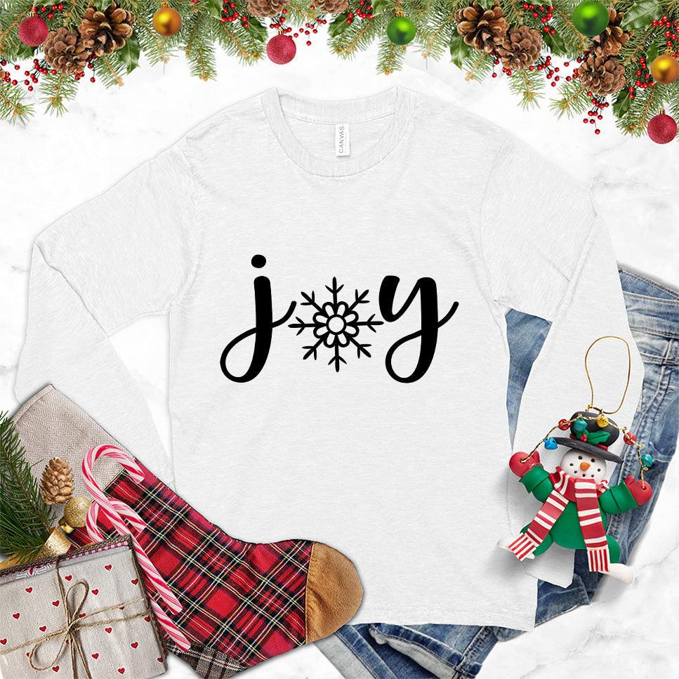 Joy Christmas Long Sleeves White - Graphic long sleeve tee with 'joy' and snowflake design for holiday season
