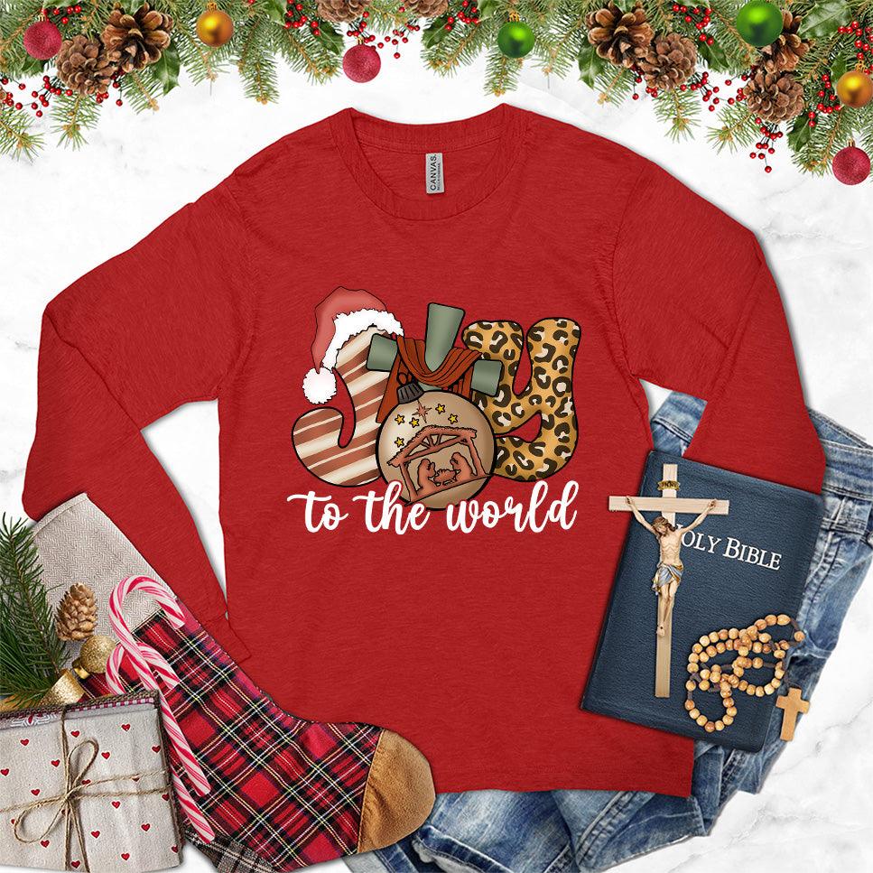 Joy To The World Version 2 Colored Edition Long Sleeves Red - Long sleeve tee with festive Joy To The World design, holiday-themed graphics, and cozy style
