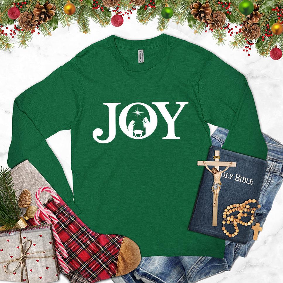 Joy Version 2 Long Sleeves Kelly - Trendy long sleeve shirt with "JOY" and nature-inspired graphic print for all-season wear.