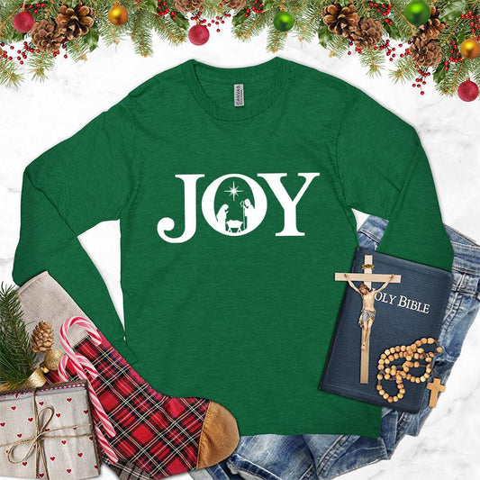 Joy Version 2 Long Sleeves Kelly - Trendy long sleeve shirt with "JOY" and nature-inspired graphic print for all-season wear.