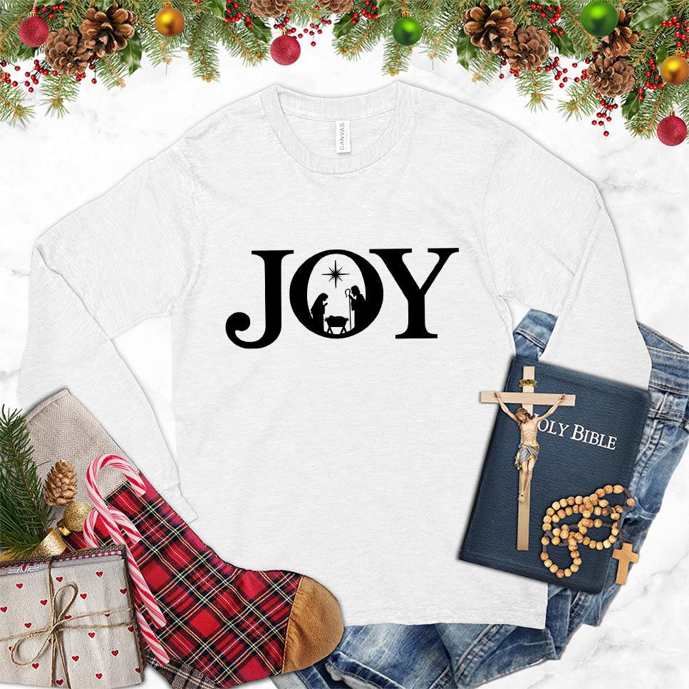 Joy Version 2 Long Sleeves White - Trendy long sleeve shirt with "JOY" and nature-inspired graphic print for all-season wear.