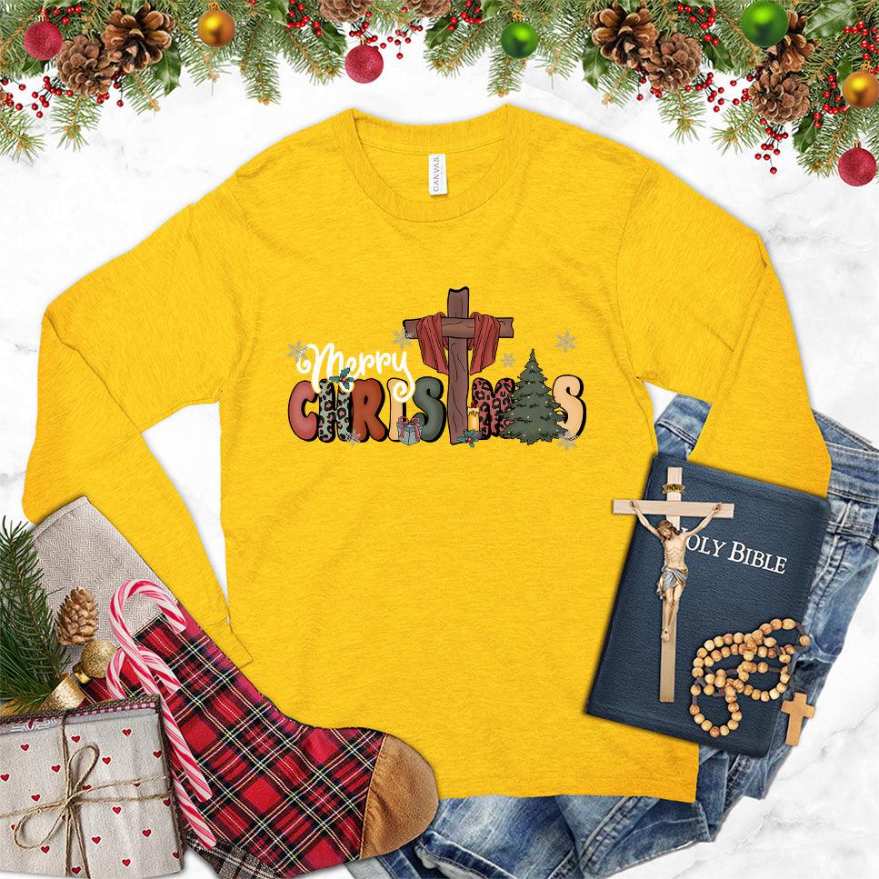 Merry Christmas Version 4 Colored Edition Long Sleeves Gold - Festive long sleeve shirt with Merry Christmas design for holiday celebrations
