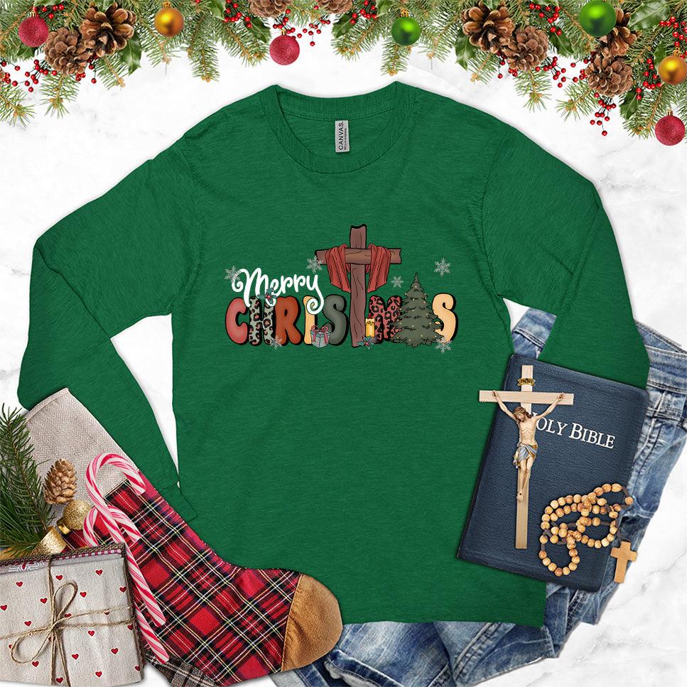 Merry Christmas Version 4 Colored Edition Long Sleeves Kelly - Festive long sleeve shirt with Merry Christmas design for holiday celebrations