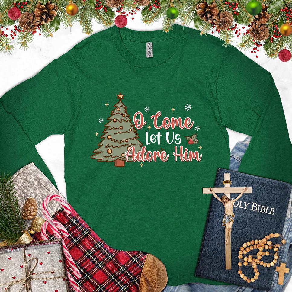 O Come Let Us Adore Him Colored Edition Long Sleeves Kelly - Artistic Christmas tree design on long sleeve shirt with "O Come Let Us Adore Him" message