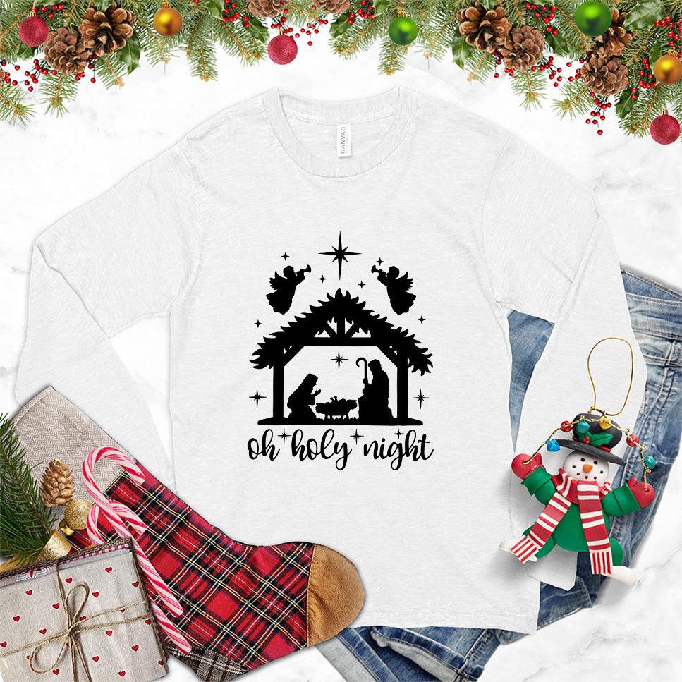 Oh Holy Night Long Sleeves White - Festive long sleeve shirt with Oh Holy Night nativity and reindeer design