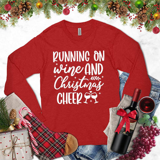 Running On Wine And Christmas Cheer Long Sleeves Red - Playful long sleeve tee with 'Running On Wine And Christmas Cheer' text for holiday festivities