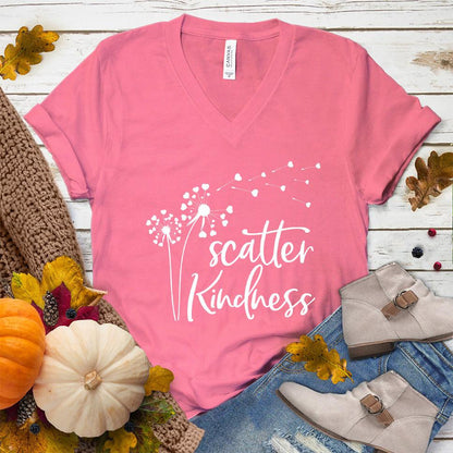 Scatter Kindness V-Neck Neon Pink - Scatter Kindness slogan on v-neck t-shirt with dandelion design conveying positivity and style.