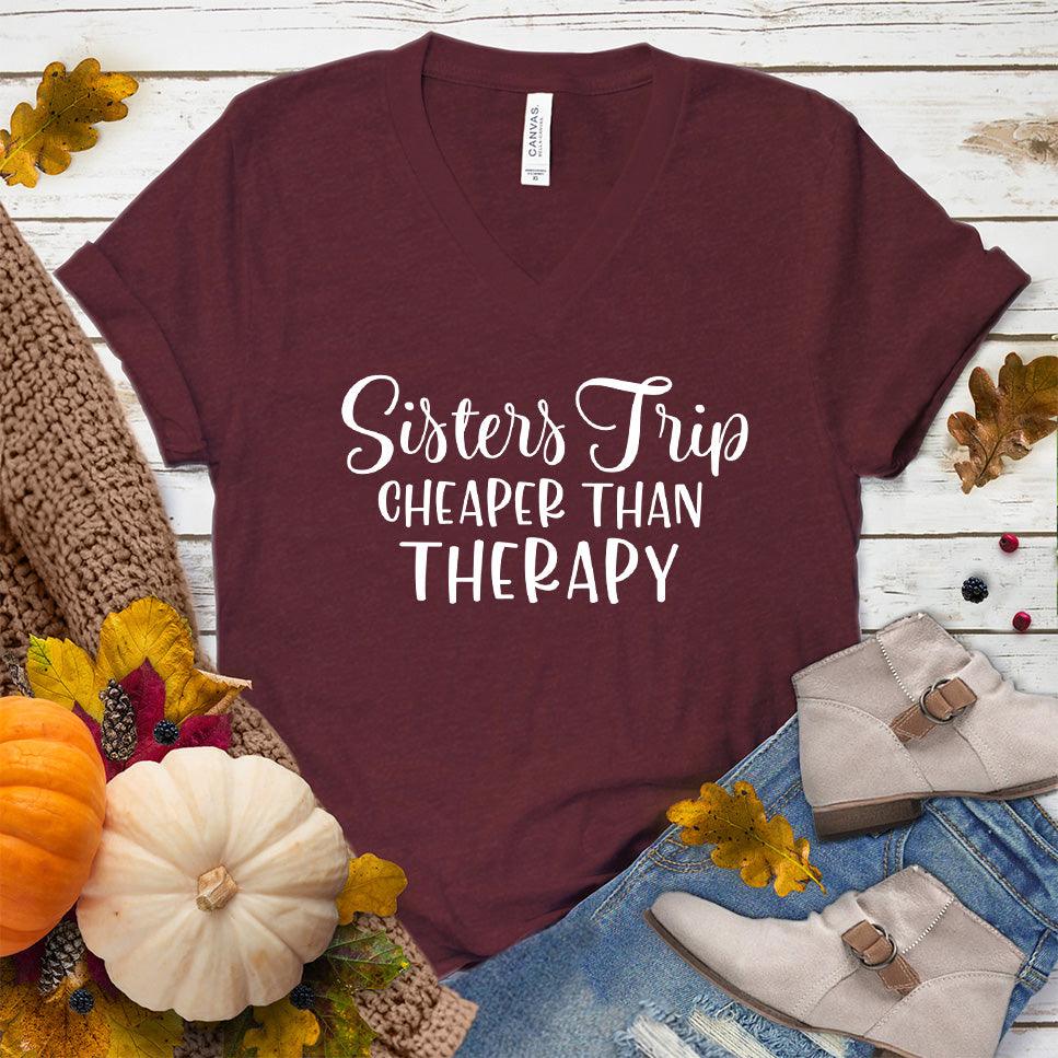 Sisters Trip Cheaper Than Therapy V-Neck Heather Cardinal - Cheerful 'Sisters Trip Cheaper Than Therapy' text on V-Neck T-Shirt - Travel & Bonding Apparel