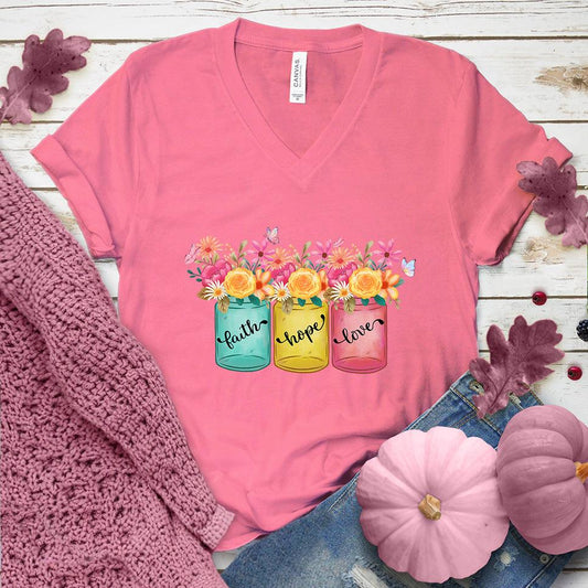 Faith Hope Love Floral Colored V-Neck Pink Edition - Brooke & Belle