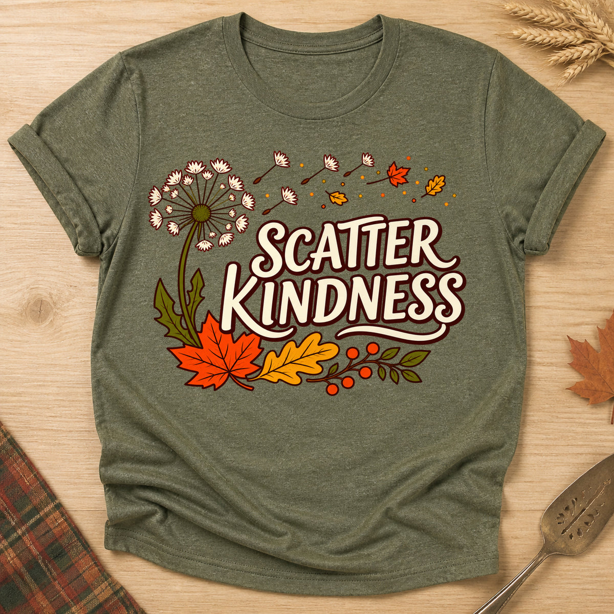 Scatter Kindness Fall T-shirt - Heather Military Green - Brooke & Belle