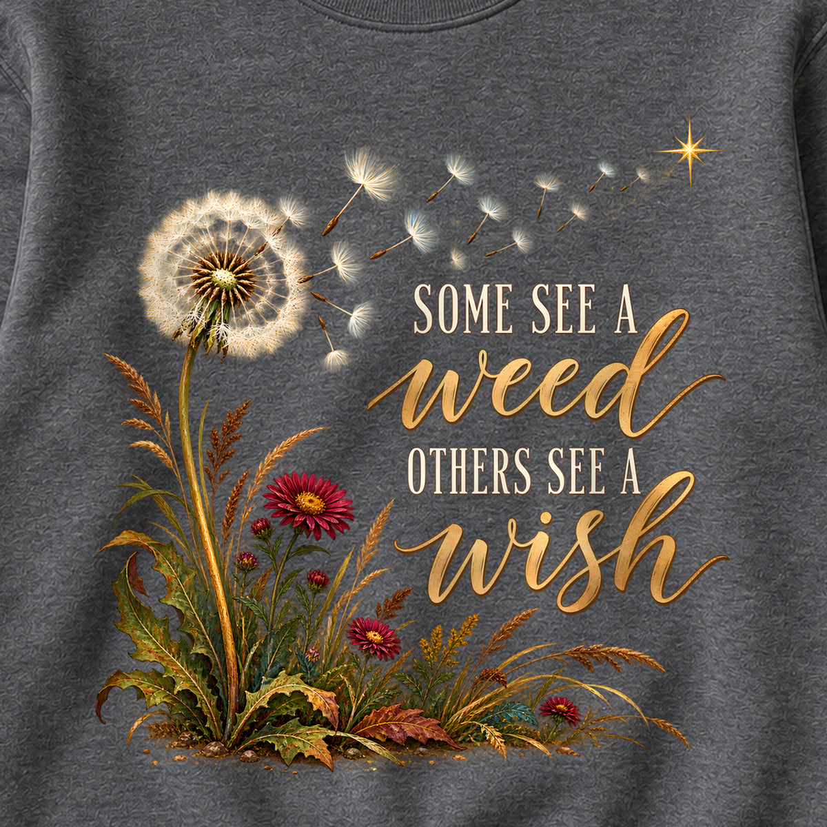 Some See A Weed Others See A Wish Fall Colored Print Sweatshirt in Dark Heather — design detail
