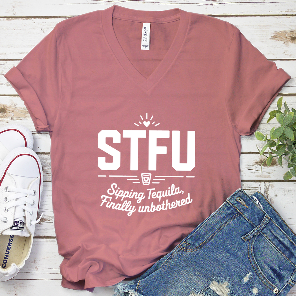 STFU Sipping Tequila, Finally Unbothered V-Neck - Mauve - Brooke & Belle