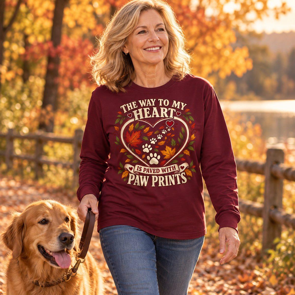 Way To My Heart Paw Prints Fall Colored Print Long Sleeves in Maroon โ generated model photo