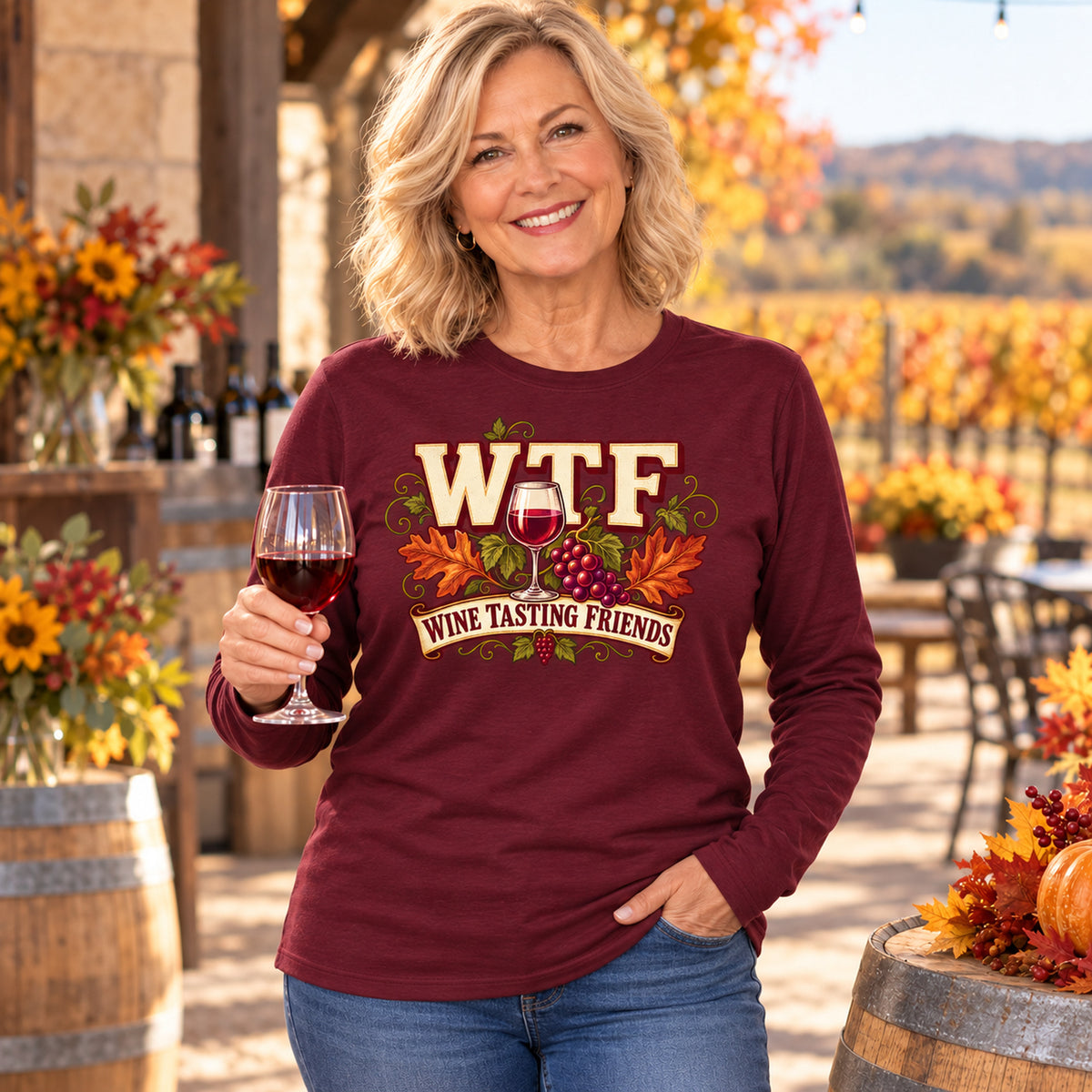 WTF Wine Tasting Friends Fall Colored Print Long Sleeves in Maroon — modeled lifestyle