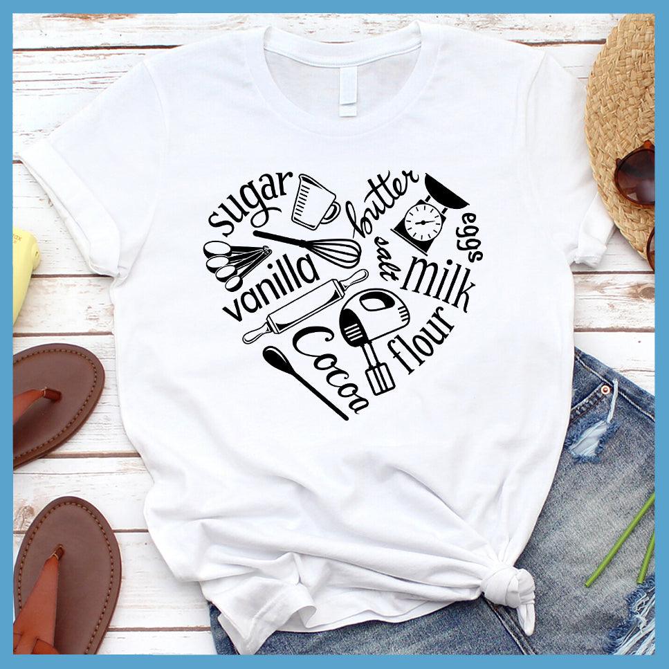 Bakery Heart Version 2 T-Shirt White - Whimsical baking-themed graphic tee with heart-shaped design of kitchen utensils and ingredients.
