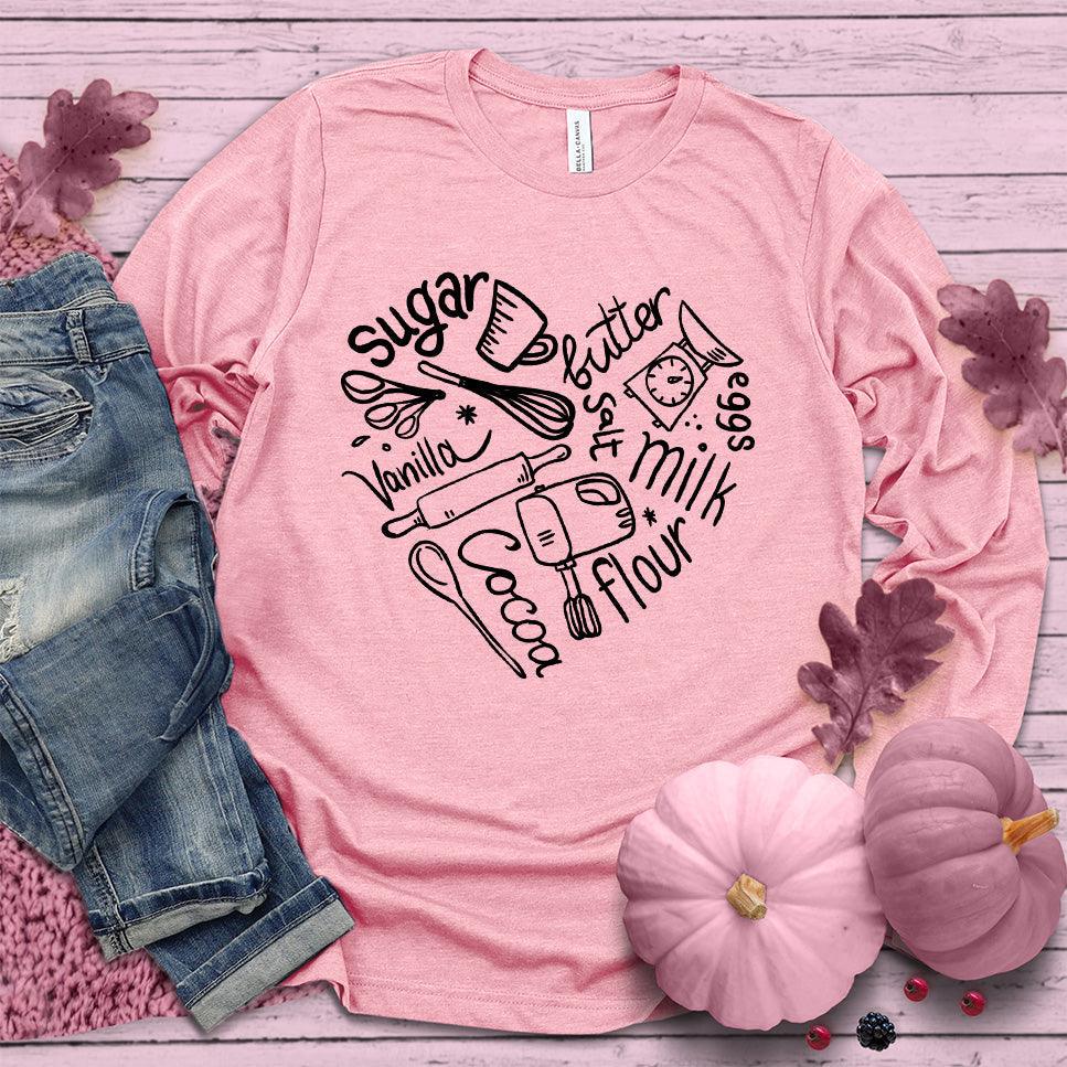Bakery Heart Long Sleeves Pink Edition Pink - Hand-drawn baking elements forming a heart on a long sleeve tee, perfect for food lovers and style enthusiasts.