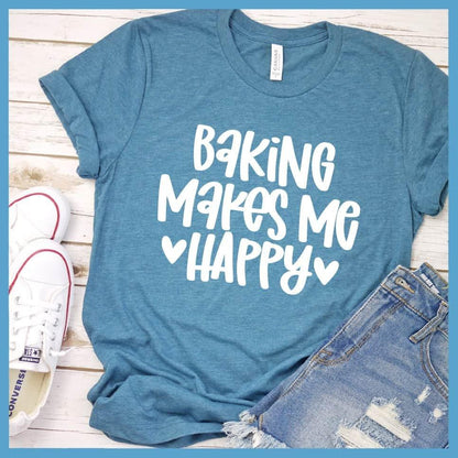 Baking Makes Me Happy T-Shirt Heather Deep Teal - Graphic tee with 'Baking Makes Me Happy' in stylized font surrounded by love hearts