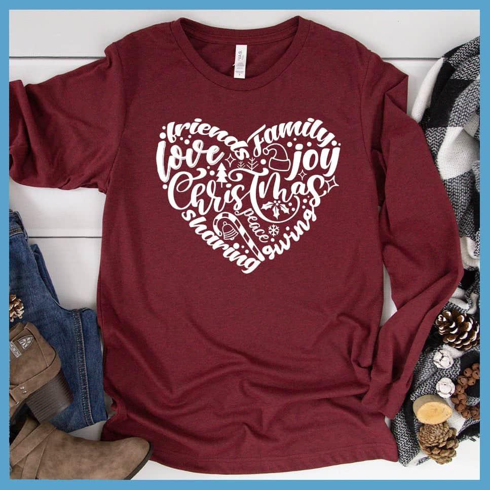 Christmas Heart Long Sleeves Heather Cardinal - Festive long sleeve shirt with Christmas themed heart design featuring holiday words