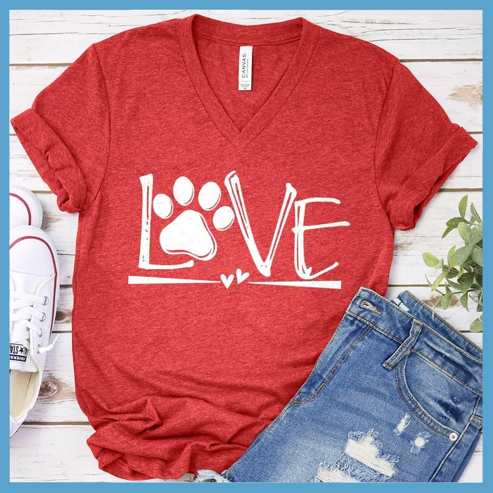 Dog Love V-Neck Heather Red - Playful Dog Love graphic on V-Neck shirt with paw & heart design, perfect for pet owners