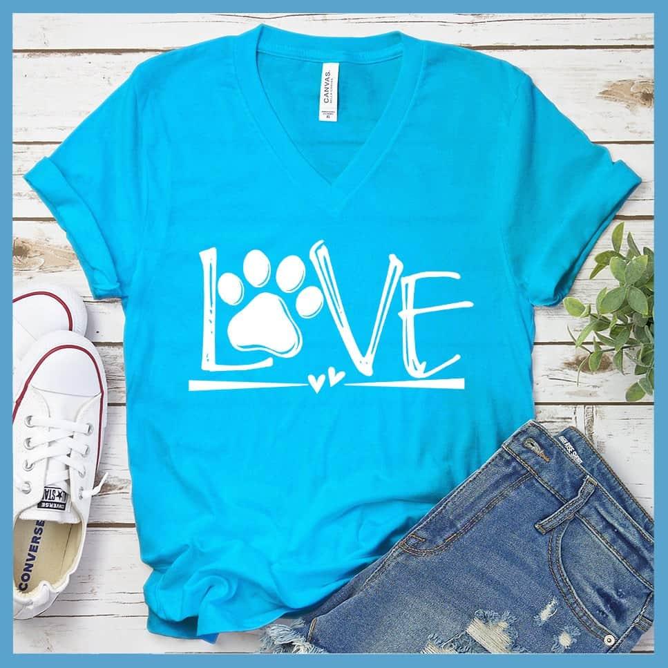 Dog Love V-Neck Neon Blue - Playful Dog Love graphic on V-Neck shirt with paw & heart design, perfect for pet owners
