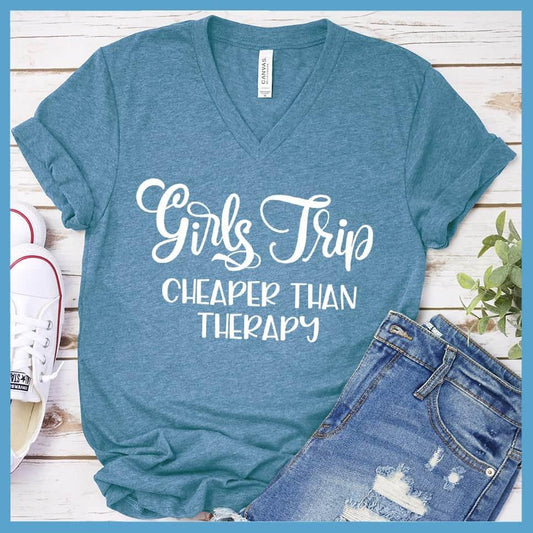 Girls Trip V-Neck Heather Deep Teal - Girls Trip V-Neck T-shirt with fun quote, ideal for group travel and bonding.
