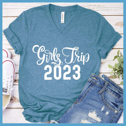 Girls Trip 2023 V-neck Heather Deep Teal - Girls Trip 2023 V-neck T-shirt for trendy group travel and friendship bonding
