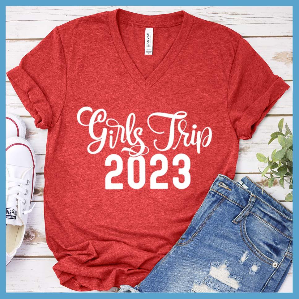 Girls Trip 2023 V-neck Heather Red - Girls Trip 2023 V-neck T-shirt for trendy group travel and friendship bonding