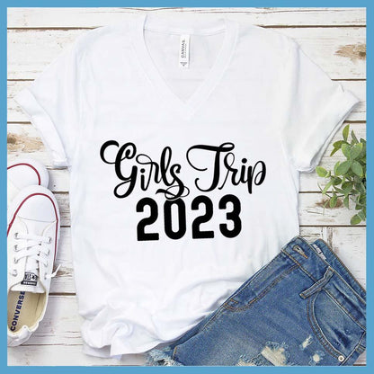 Girls Trip 2023 V-neck White - Girls Trip 2023 V-neck T-shirt for trendy group travel and friendship bonding