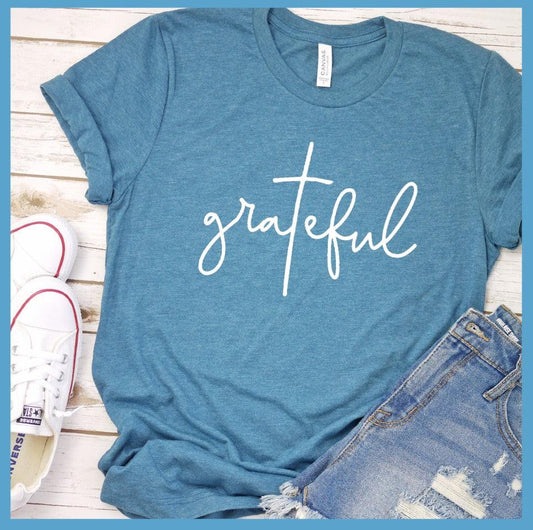 Grateful T-Shirt Heather Deep Teal - Grateful cursive script on casual t-shirt for a positive vibe