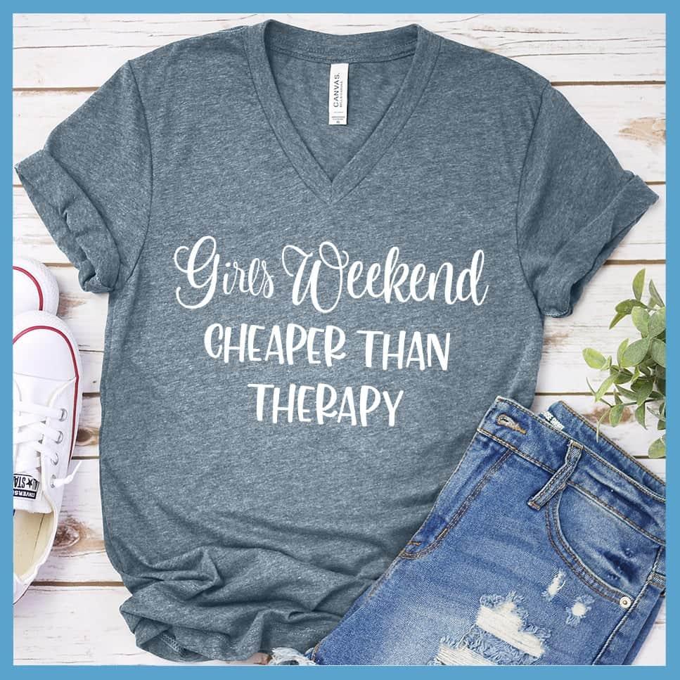 Girls Weekend V-neck Heather Slate - Trendy V-neck t-shirt with Girls Weekend themed text, ideal for fun outings with friends.