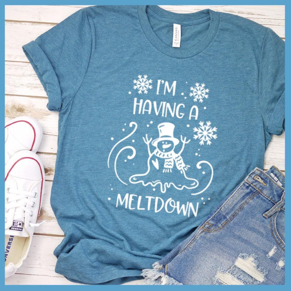 I'm Having A Meltdown T-Shirt Heather Deep Teal - Ice-cool snowman graphic tee with whimsical meltdown design for a casual, playful vibe.