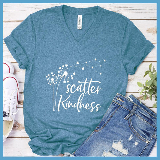 Scatter Kindness V-Neck Heather Deep Teal - Scatter Kindness slogan on v-neck t-shirt with dandelion design conveying positivity and style.