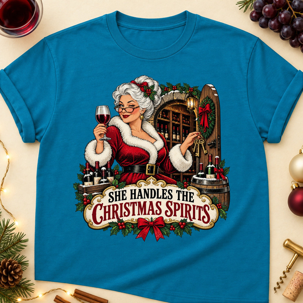 She Handles The Christmas Spirits Colored Print T-Shirt - Antique Sapphire - Brooke & Belle