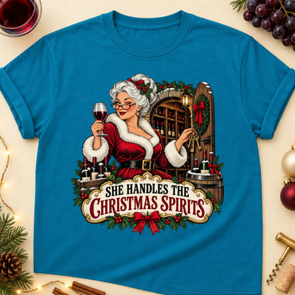 She Handles The Christmas Spirits Colored Print T-Shirt - Antique Sapphire - Brooke & Belle