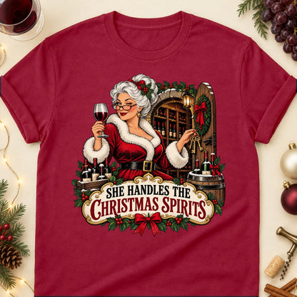She Handles The Christmas Spirits Colored Print T-Shirt - Cardinal Red - Brooke & Belle