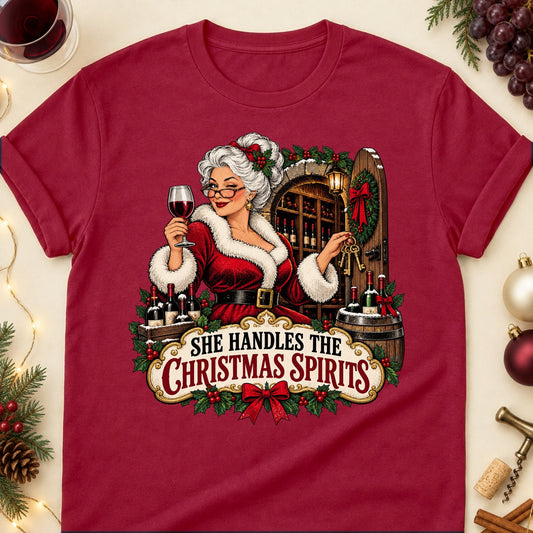 She Handles The Christmas Spirits Colored Print T-Shirt - Cardinal Red - Brooke & Belle