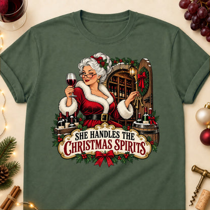She Handles The Christmas Spirits Colored Print T-Shirt - Military Green - Brooke & Belle