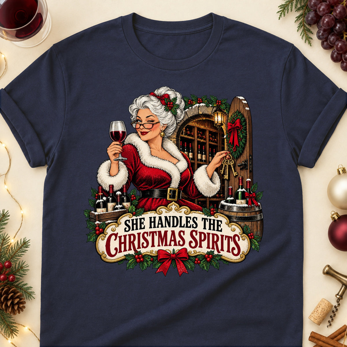 She Handles The Christmas Spirits Colored Print T-Shirt - Navy - Brooke & Belle