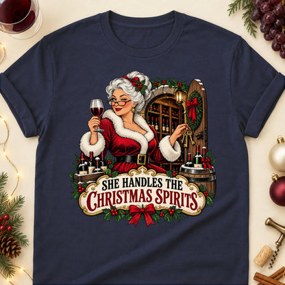 She Handles The Christmas Spirits Colored Print T-Shirt - Navy - Brooke & Belle