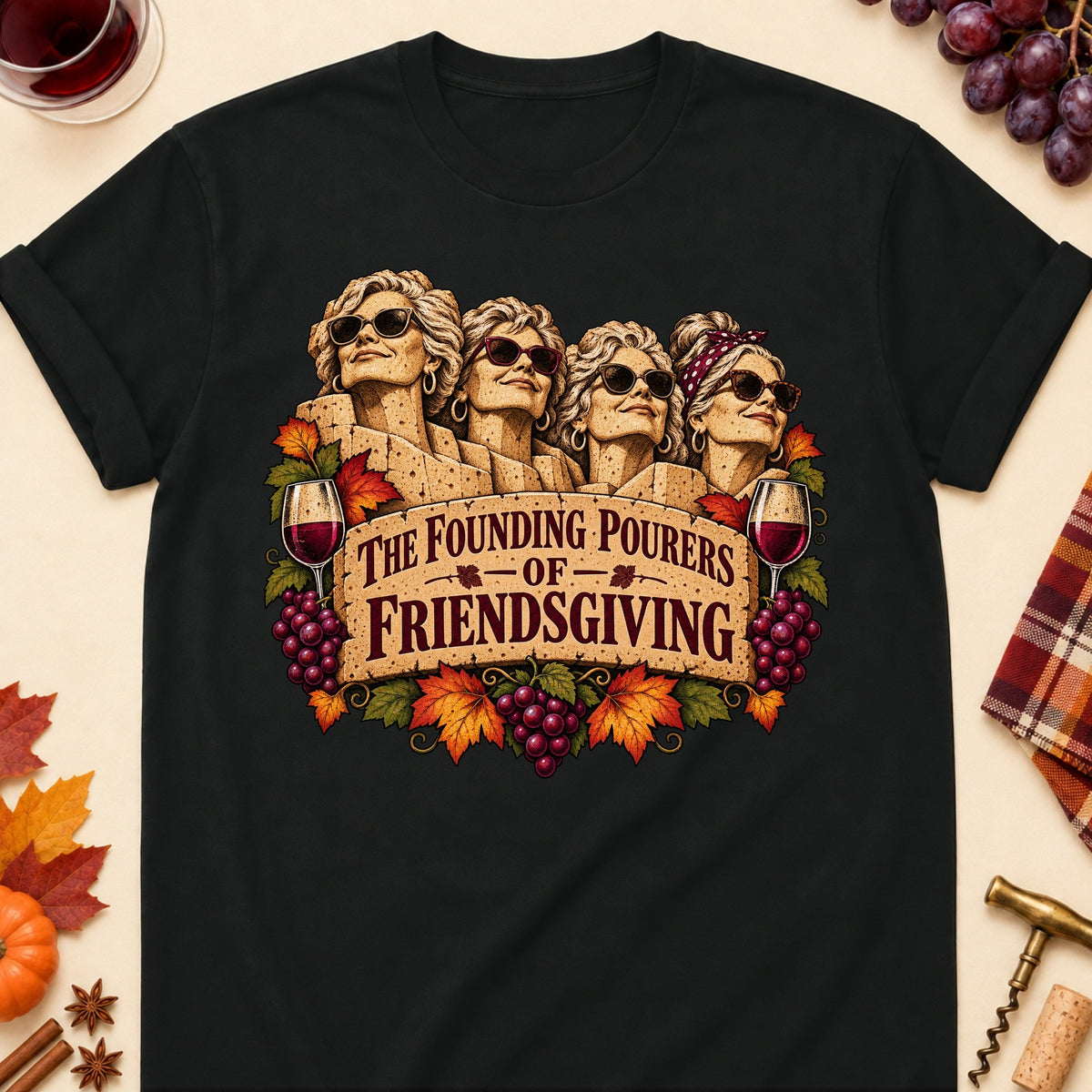 The Founding Pourers Of Friendsgiving Colored Print T-Shirt - Black - Brooke & Belle