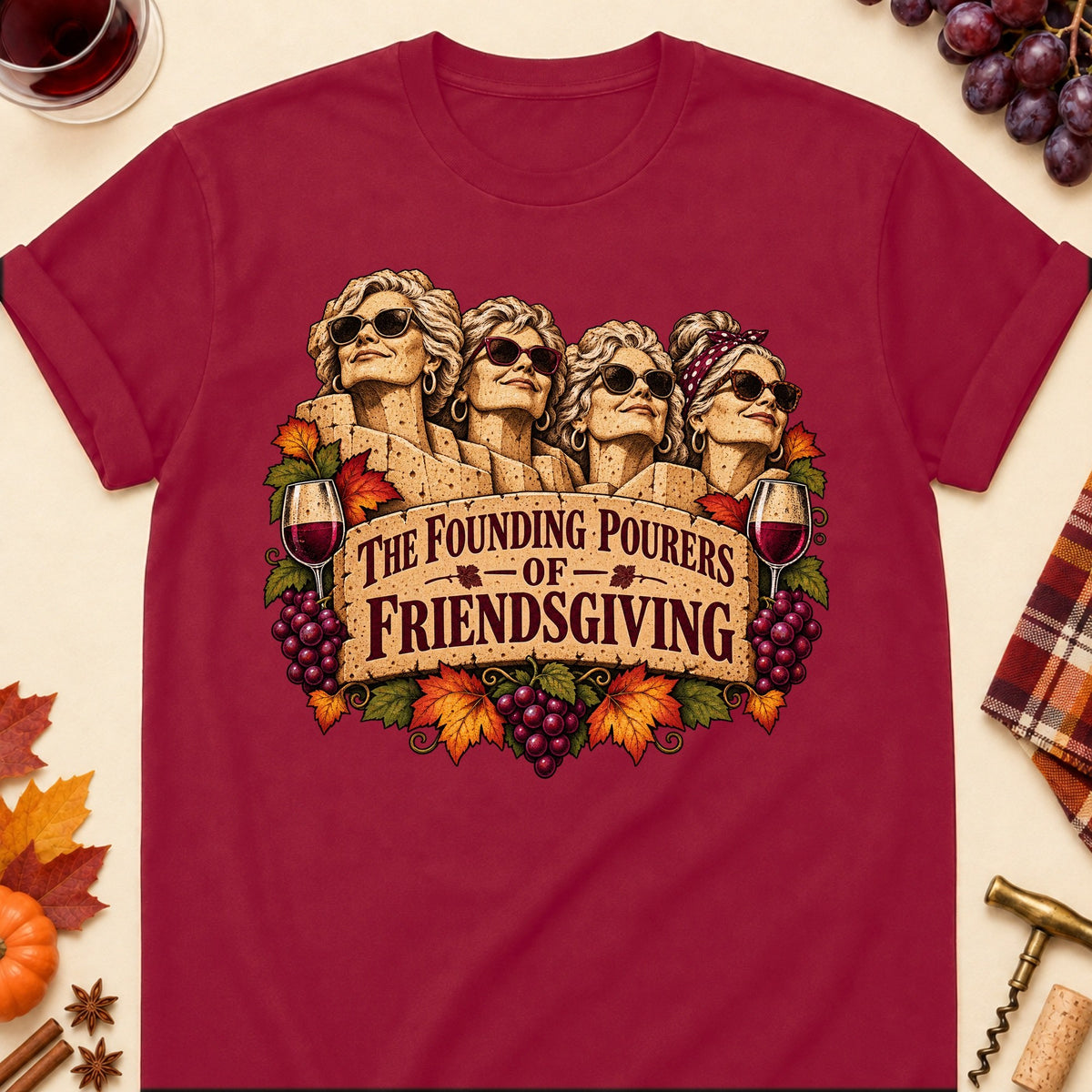 The Founding Pourers Of Friendsgiving Colored Print T-Shirt - Cardinal Red - Brooke & Belle