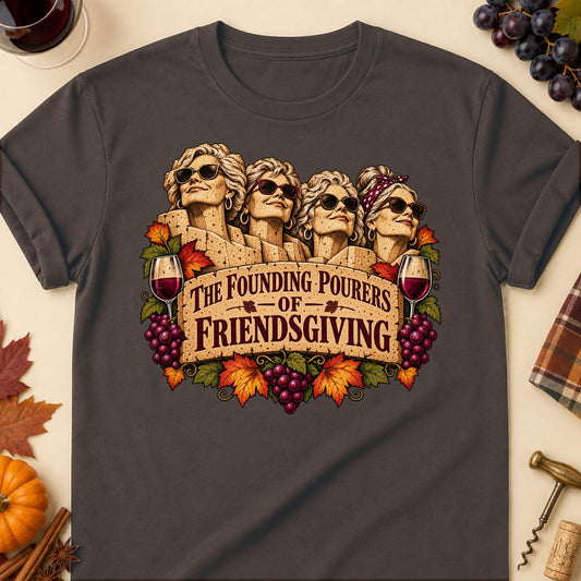 The Founding Pourers Of Friendsgiving Colored Print T-Shirt - Dark Chocolate - Brooke & Belle