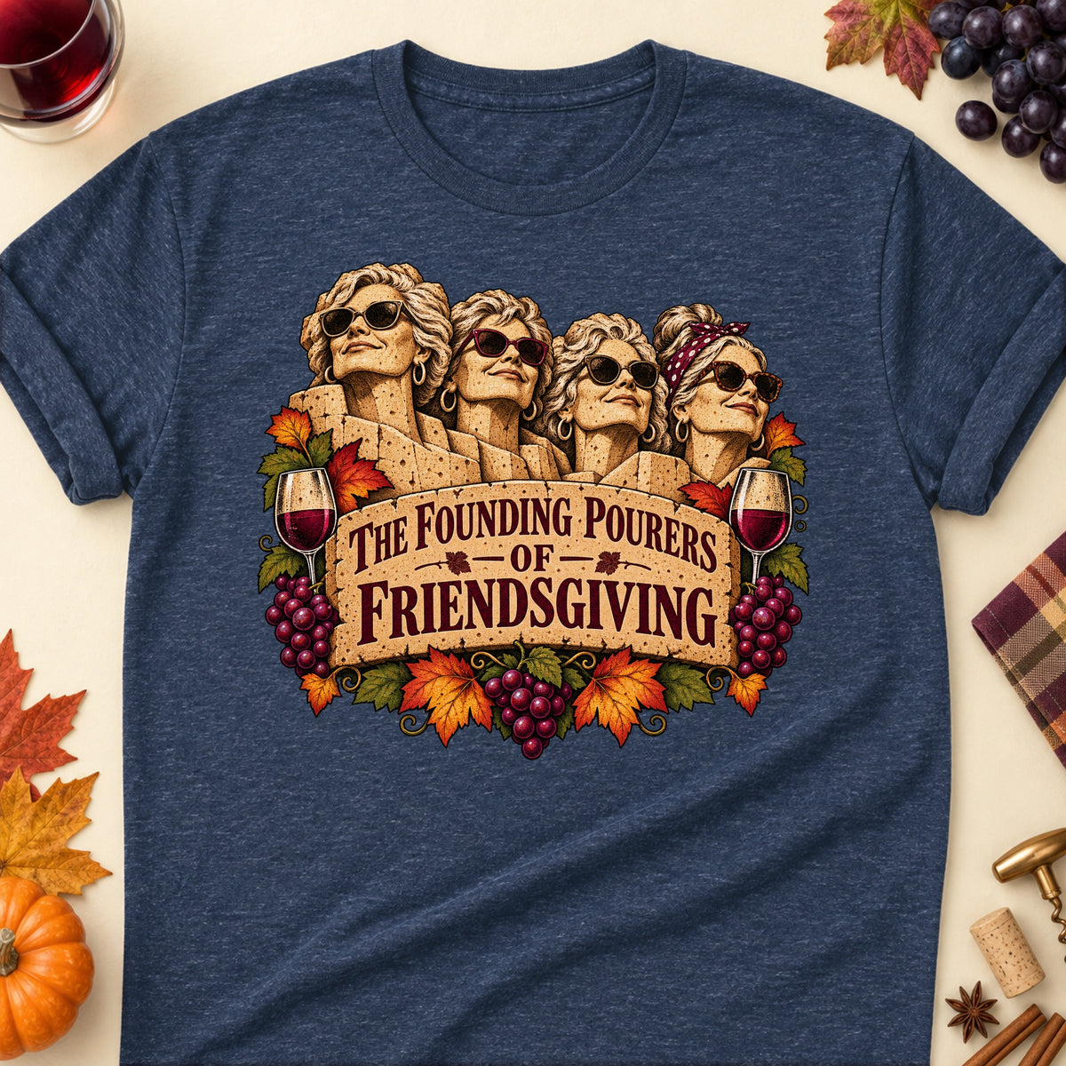 The Founding Pourers Of Friendsgiving Colored Print T-Shirt - Heather Navy - Brooke & Belle