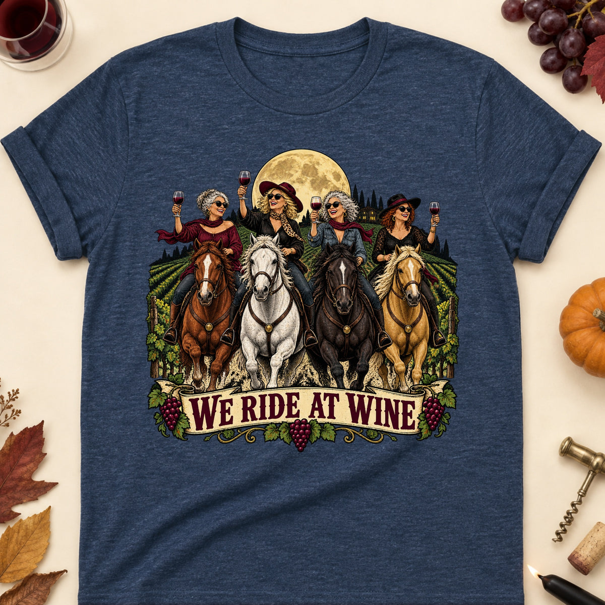 We Ride At Wine Colored Print T-Shirt - Heather Navy - Brooke & Belle