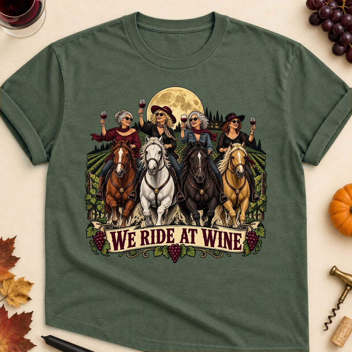 We Ride At Wine Colored Print T-Shirt - Military Green - Brooke & Belle
