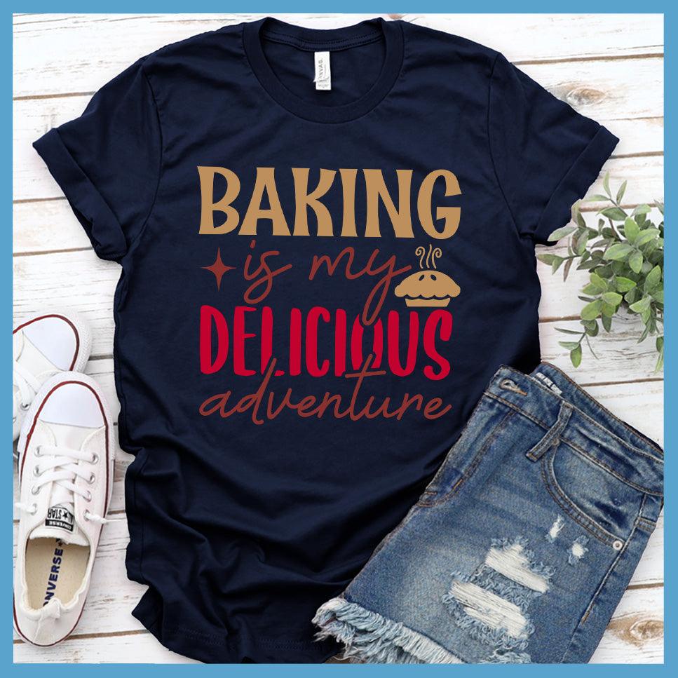 Baking Is My Delicious Adventure T-Shirt Colored Edition Navy - Illustrated graphic t-shirt with 'Baking is my Delicious Adventure' quote