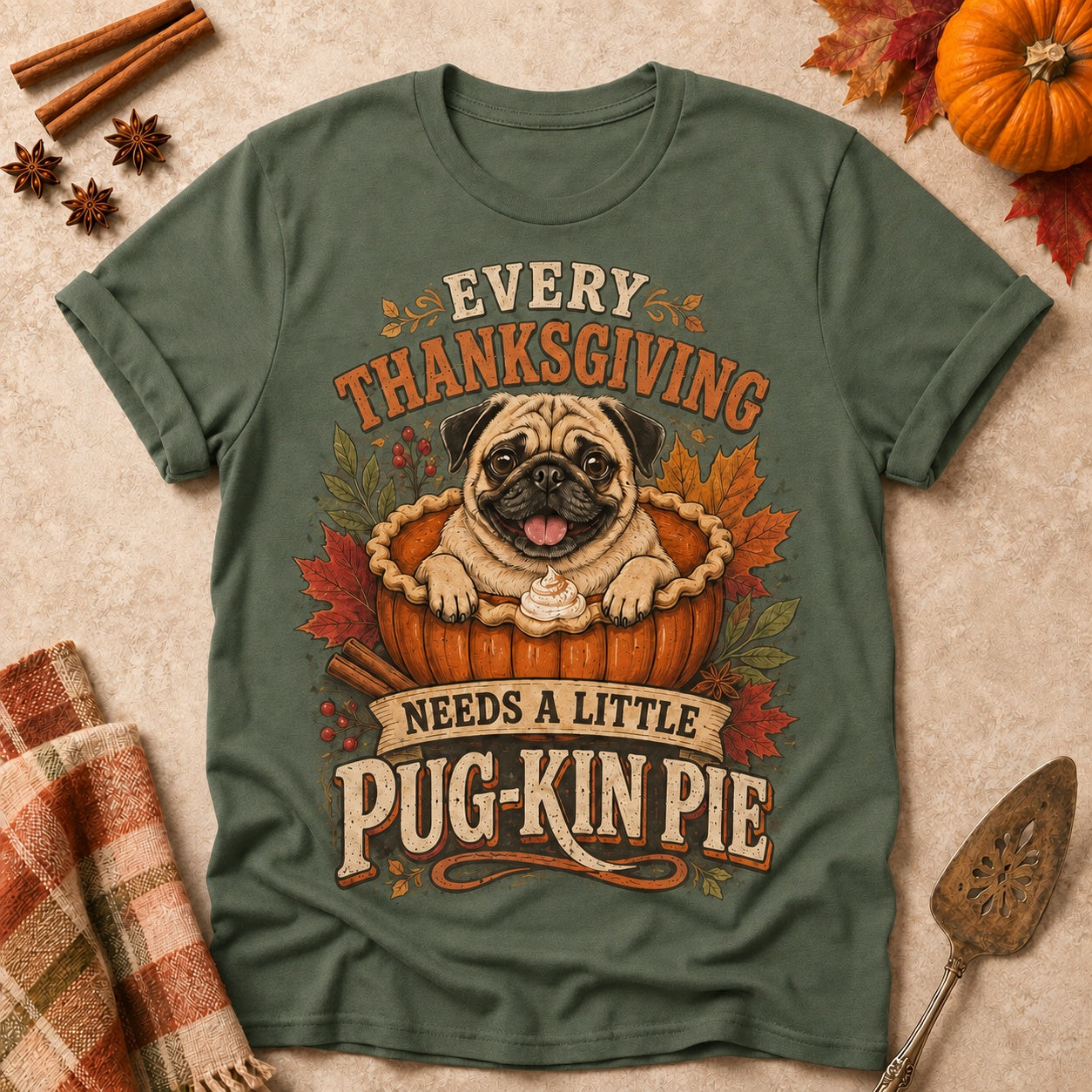 Pug-Kin Pie T-shirt - Military Green - Brooke & Belle