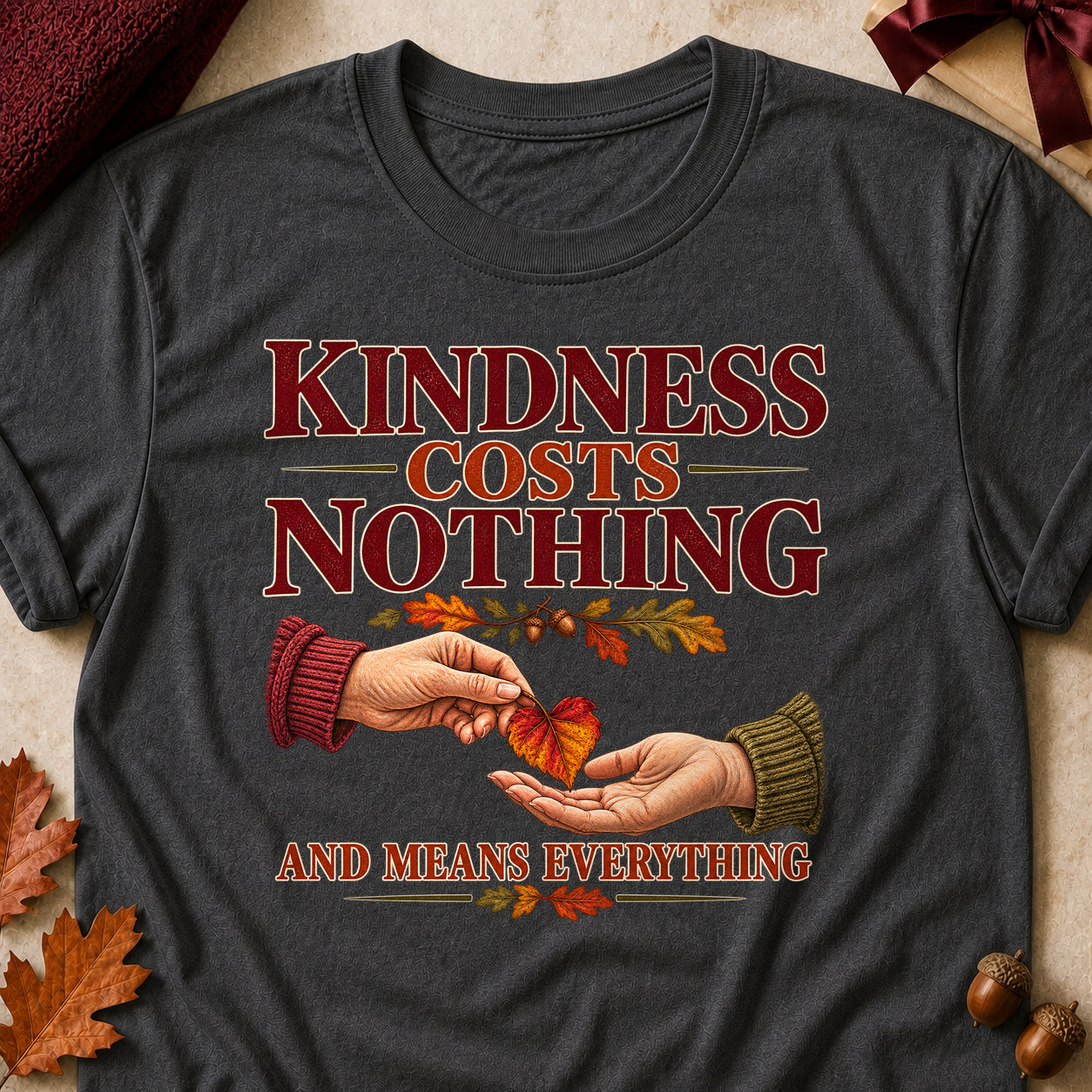 Kindness Costs Nothing And Means Everything Fall Colored Print T-Shirt - Dark Heather - Brooke & Belle